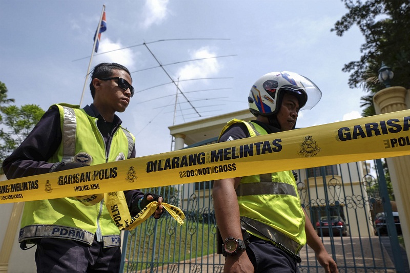 Malaysian police seal off access into and out of the North Korean embassy in Damansara Heights, Kuala Lumpur after the government imposed a ban on its diplomats from leaving the country on March 7, 2017. u00e2u20acu201d Picture by Yusof Mat Isa