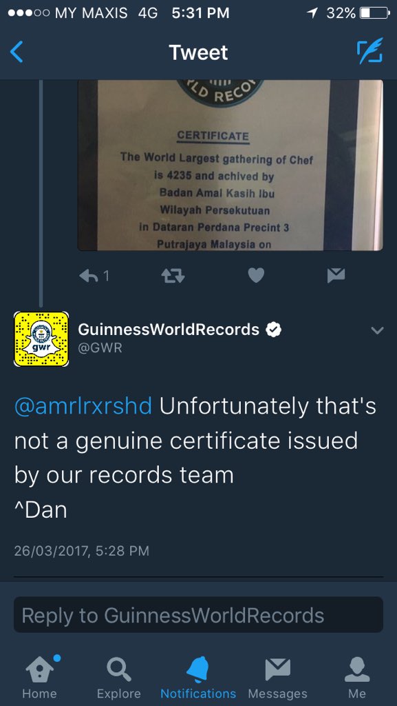 One user, @amrlrxrshd shared an image of the certificate Tengku Adnan had tweeted with the official Guinness World Records (@GWR) official account to ask them if it was authentic. — Picture via of Twitter/amrlrxrshd