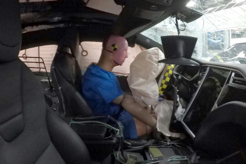 A dummy is seen in a Tesla car after a crash test at the Insurance Institute of Highway Safety on February 28, 2017 in Ruckersville, Virginia.u00c2u00a0u00e2u20acu201d AFP pic