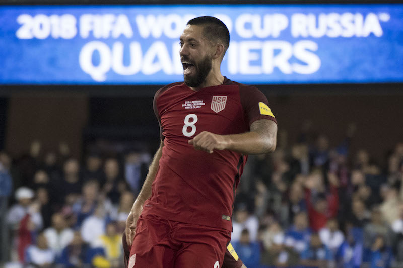 United States forward Clint Dempsey (8) celebrates after scoring a hat trick against the Honduras at the Men'su00c2u00a0Worldu00c2u00a0Cupu00c2u00a0Football Qualifier at Avaya Stadium, San Jose, March 24, 2017. u00e2u20acu201d Kyle Terada-USA TODAY Sports picture via Reuters