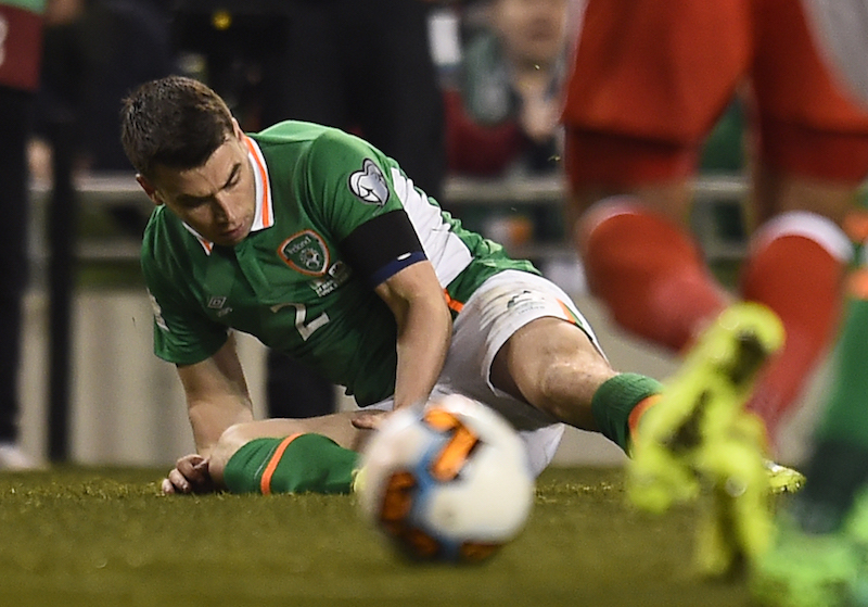 Republic of Irelandu00e2u20acu2122s Seamus Colemanu00c2u00a0lies injured during the 2018 World Cup Qualifying European Zone Group D match against Wales in Aviva Stadium, Dublin March 24, 2017. u00e2u20acu201d Clodagh Kilcoyne Livepic via Reuters 