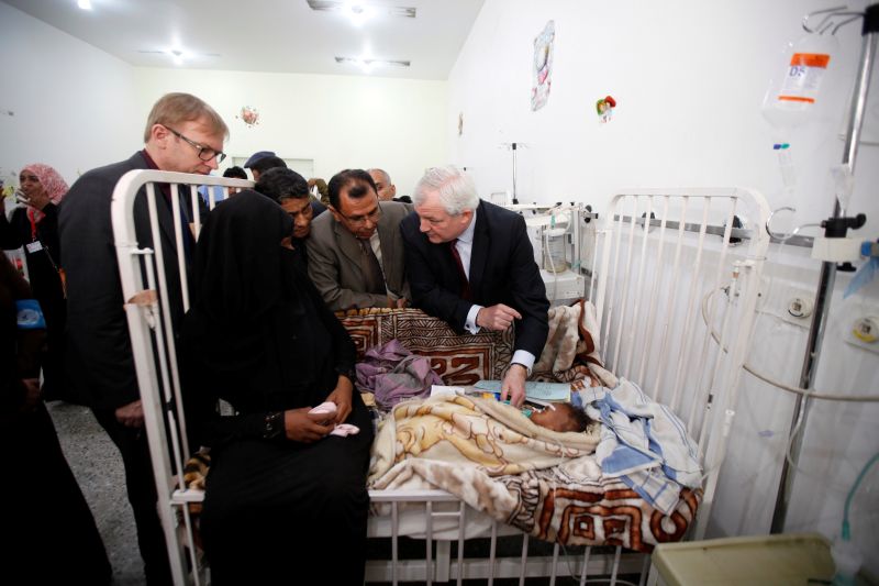 United Nations Under-Secretary-General for Humanitarian Affairs Stephen Ou00e2u20acu2122Brien (right) speaks to the mother of a malnourished child at a malnutrition treatment center in Sanaa, Yemen March 2, 2017. u00e2u20acu201d Reuters pic