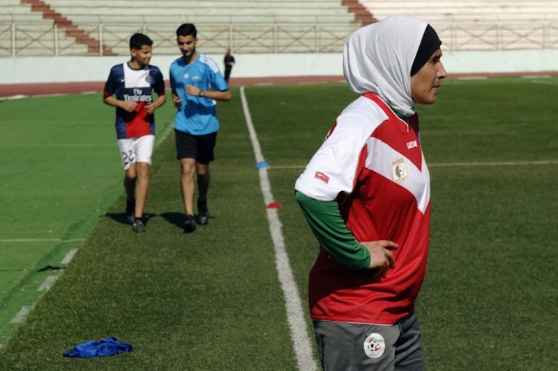 Keltoum Arabi Aouda of u00e2u20acu02dcAfak Relizaneu00e2u20acu2122 looks on during training session in the Algerian city of Relizane February 16, 2017. u00e2u20acu201d AFP pic