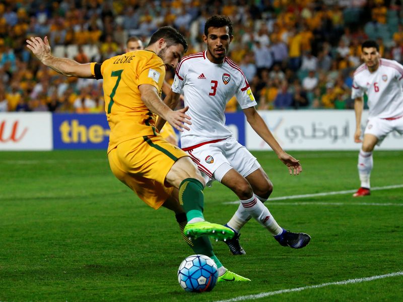 Australiau00e2u20acu2122s Mathew Leckie is challenged by UAEu00e2u20acu2122s Walid Abbas during their 2018 World Cup Qualifying Asian Zone - Group B match in Sydney, Match 28, 2017. u00e2u20acu201d Reuters pic