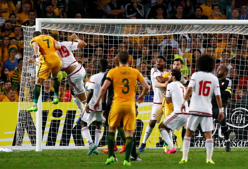 Australiau00e2u20acu2122s Mathew Leckie (7) scores against UAE during their 2018 World Cup Qualifying Asian Zone Group B match in Sydney, March 28, 2017. u00e2u20acu201d Reuters pic