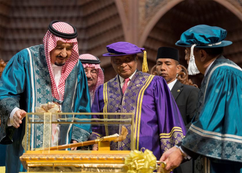 Saudi Arabia's King Salman is honoured by the International Islamic University Malaysia (IIUM) in Kuala Lumpur in this picture released March 1, 2017. u00e2u20acu201d Reuters pic
