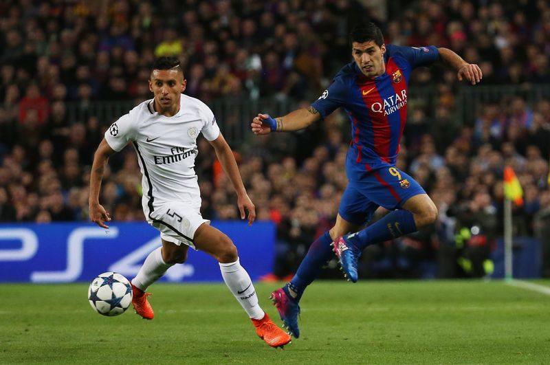 Paris Saint-Germain's Marquinhos (left) in Champions League action with Barcelona's Luis Suarez at the Nou Camp March 8, 2017. u00e2u20acu201d Reuters pic