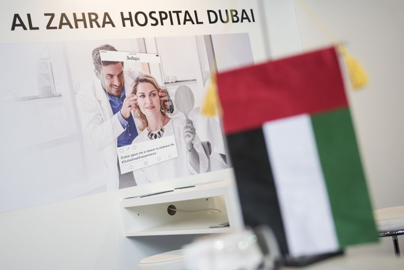 A stand for a Dubai hospital is pictured at a section for medical tourism at the International Tourism Trade Fair (ITB) on March 8, 2017. u00e2u20acu2022 AFP pic