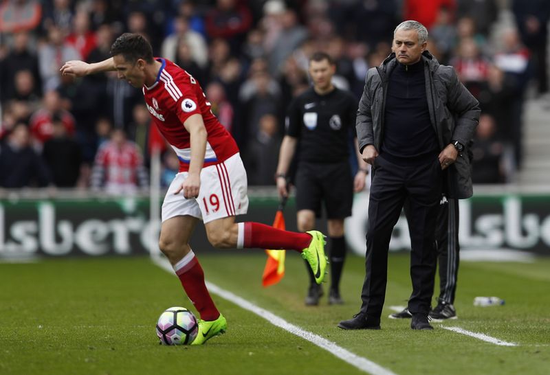Manchester United manager Jose Mourinho watches Middlesbroughu00e2u20acu2122s Stewart Downing in action during their Premier League match at The Riverside Stadium, March 19, 2017. u00e2u20acu201d Reuters pic