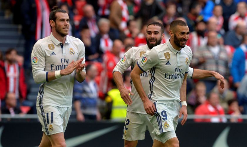 Real Madrid's Gareth Bale, Daniel Carvajal and Karim Benzema celebrate a goal against Athletic Bilbao at the San Mames, Bilbao March 19, 2017. u00e2u20acu201d Reuters pic