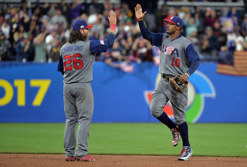 US infielder Brandon Crawford (26) and outfielder Adam Jones (10) celebrate following the game against the Dominican Republic during the 2017 World Baseball Classic at Petco Park, San Diego March 18, 2017. u00e2u20acu201d Picture by Orlando Ramirez/USA TODAY Sports/R