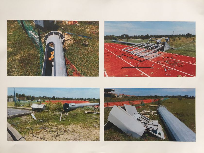 Photos showing damages to the track-and-field sports complex.