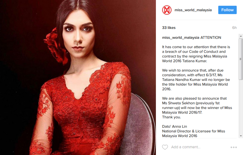 Tatiana was stripped of her crown for ‘offensive’ comments online. — Instagram screengrab