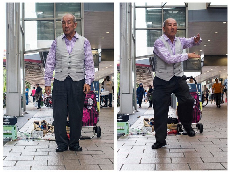 Combination photo shows Roland Chua Kim Seng, a busker, dancing. u00e2u20acu201d TODAY pic