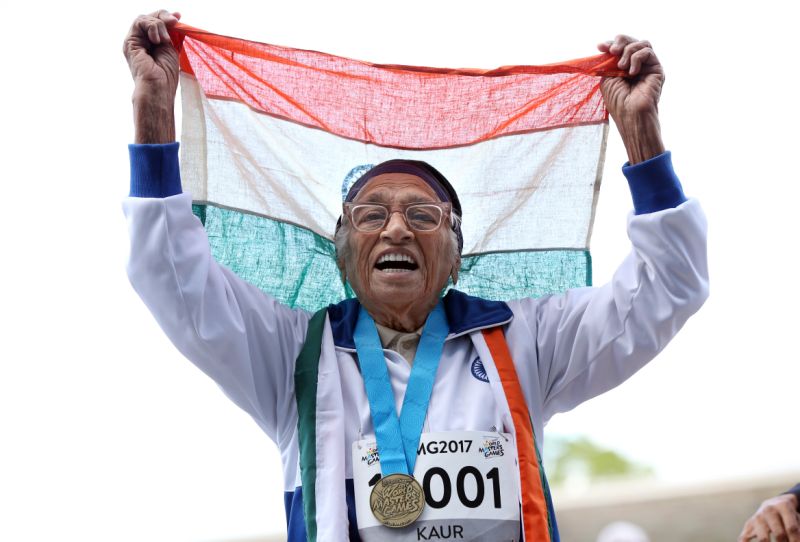 101-year-old Man Kaur from India celebrates after competing in the 100m sprint in the 100+ age category at the World Masters Games at Trusts Arena in Auckland on April 24, 2017. u00e2u20acu201d AFP pic