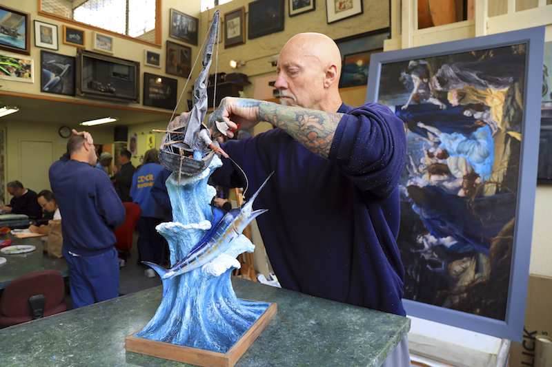 Bruce Fowler, in prison for murder, works on a sculpture inspired by Hemingwayu00e2u20acu2122s u00e2u20acu02dcThe Old Man and the Seau00e2u20acu2122 that he fashioned with make-do materials, at the state prison in San Quentin, California, January 23, 2017. u00e2u20acu201d Picture by Jim Wilson/The New 