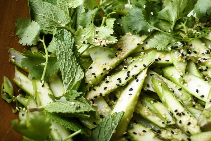 Shaved asparagus salad with ginger, sesame and scallions.