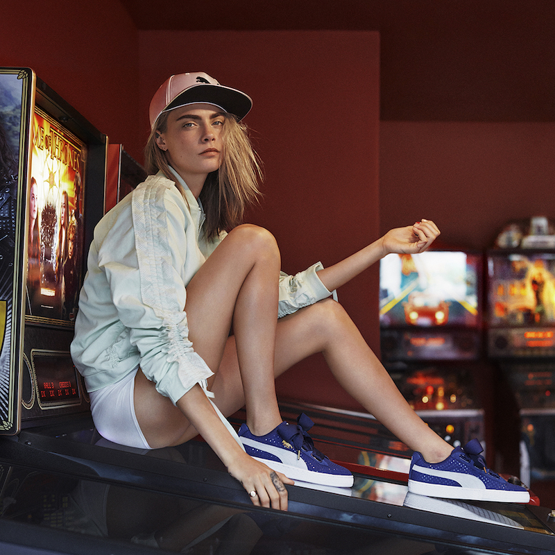 Cara Delevingne strikes a pose for Puma in the Basket Heart sneakers. u00e2u20acu201d Handout via AFP