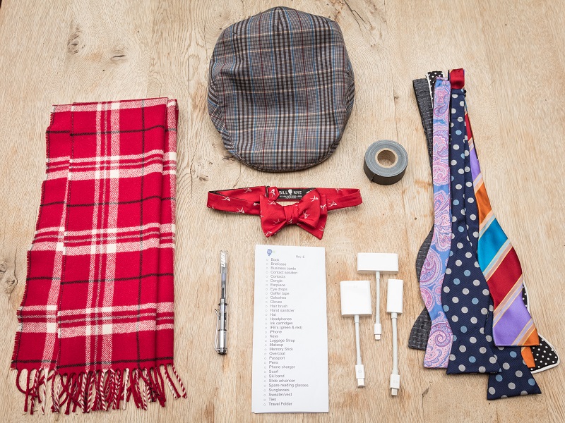 The star of the new series u00e2u20acu02dcBill Nye Saves the Worldu00e2u20acu2122 always brings in his carry-on luggage a scarf, cap, bow ties, gaffer tape, dongles and a Lamy clear fountain pen, as shown in New York, April 5, 2017. u00e2u20acu201d Picture by Robert Wright/The New York Time