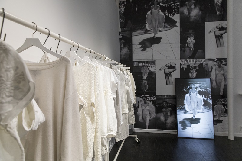 Clothes by designer Nili Lotan at her new temporary shop on Mercer Street, where photos by Inez van Lamsweerde and Vinoodh Matadin line the walls, in New York, April 17, 2017. — Picture by Stefania Curto/The New York Times 