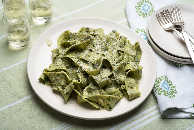 Herbed pappardelle pasta with parsley, garlic, and pepper flakes, using fresh pasta made from scratch.