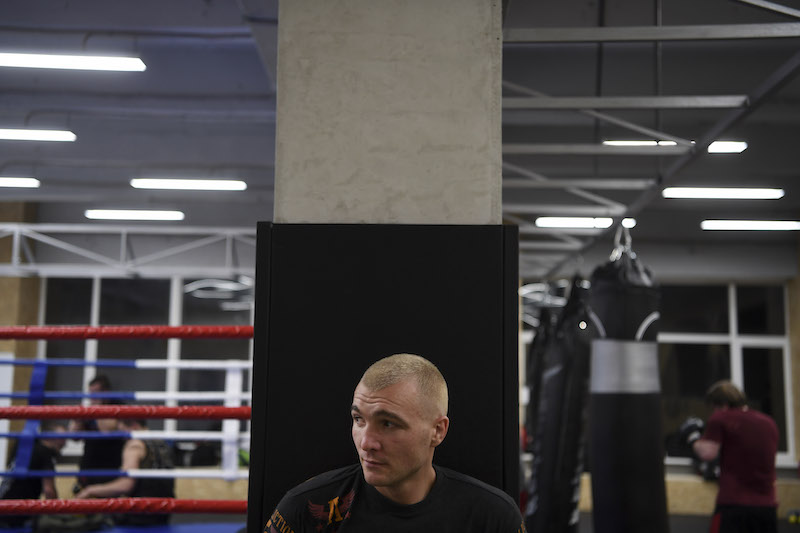 Yevgeny Berezin leads a fight training session for a group of Russian football hooligans at a gym in Moscow, December 22, 2016. Berezin says he fought in organised brawls for a decade, but recently stopped to focus on acting. — Picture by James Hill/The New York Times