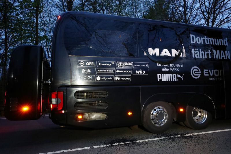 The Borussia Dortmund team bus is seen after an explosion near their hotel before their Uefa Champions League quarterfinal first leg match against AS Monaco, at Signal Iduna Park, Dortmund, April 11, 2017. u00e2u20acu201d Reuters pic