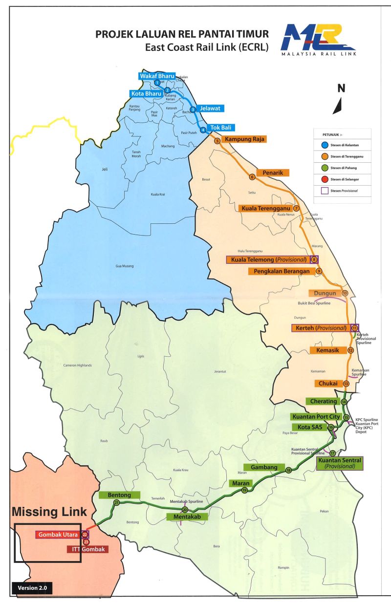 A map of the proposed ECRL route on display at the SPAD office purportedly shows the rail link only until Gombak in Selangor u00e2u20acu2022 Picture courtesy of Yeo Bee Yin