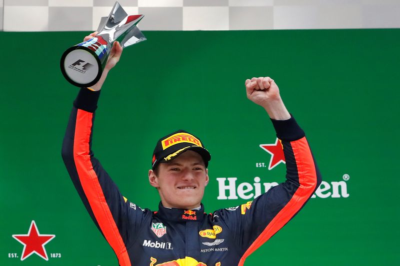 Red Bull's Max Verstappen celebrates on the podium after the Chinese Grand Prix at the Shanghai International Circuit April 9, 2017. u00e2u20acu201d Reuters pic 