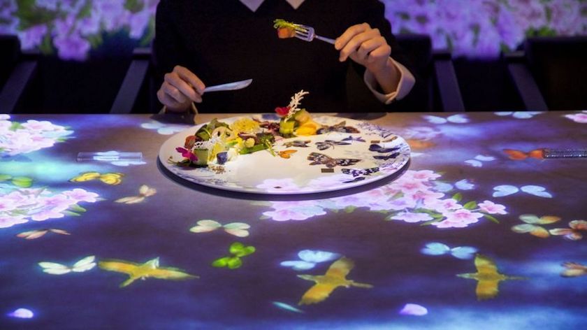Imagine your table transformed into a garden inhabited by butterflies and birds. — Screengrab from Vimeo