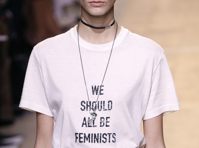 White cotton and linen T-shirt printed with 'We Should All be Feminists' slogan. u00e2u20acu201d AFP pic