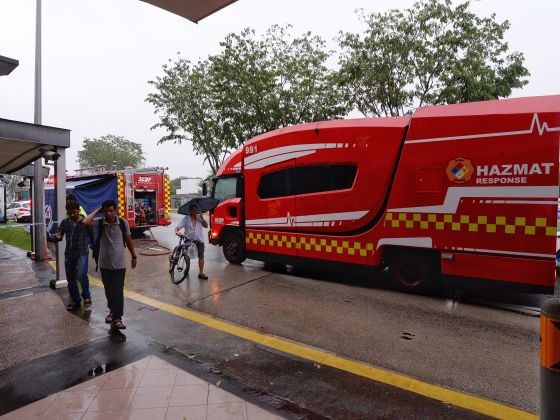 Police and SCDF vehicles outside Woodleigh MRT station, on April 18, 2017. u00e2u20acu201d Photo by TODAY