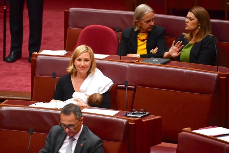 Australian Senator Larissa Waters reacts as she breastfeeds her baby in the Senate Chamber at Parliament House in Canberra, Australia, May 9, 2017. u00e2u20acu201d AAP/Mick Tsikas/via Reuters 