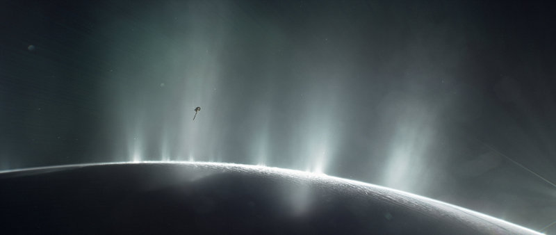 Nasau00e2u20acu2122s Cassini spacecraft is shown diving through the plume of Saturnu00e2u20acu2122s moon Enceladus, in 2015, in this photo illustration. u00e2u20acu201d Handout via Reuters
