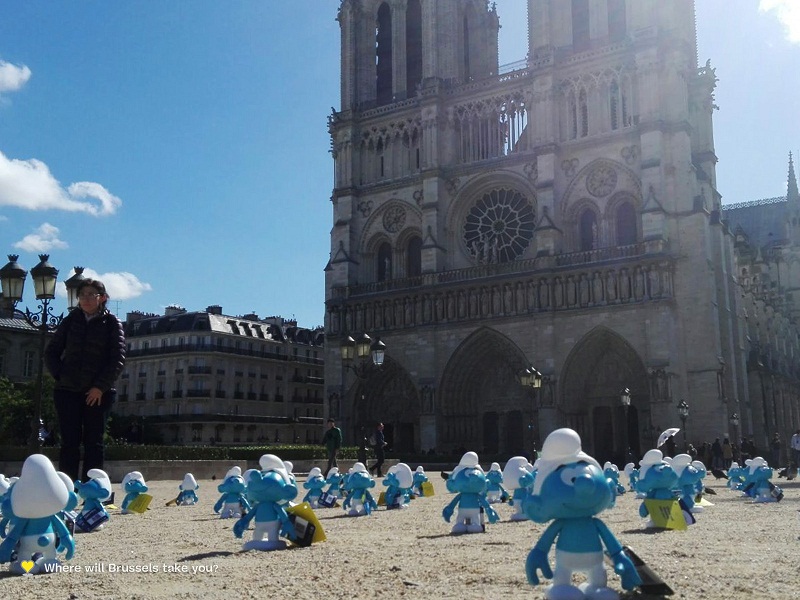 Smurfs invade the Notre-Dame Cathedral in Paris as part of a promotional campaign. u00e2u20acu201d Picture courtesy of Brussels tourism office