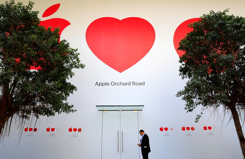 The Apple logo is shown next to a heart and a red dot on the facade of Singapore's first Apple store May 5, 2017. u00e2u20acu201d Reuters pic