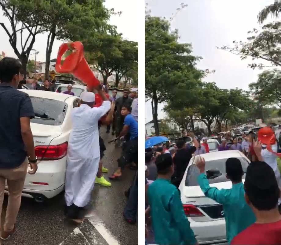 Two screen captures of the video showing the mob attack that took place outside a surau in Johor Baru. 
