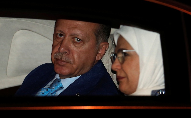 Turkish President Tayyip Erdogan and his wife Emine Erdogan sit inside their car after their arrival at the airport in New Delhi, India, April 30, 2017. u00e2u20acu201d Reuters pic