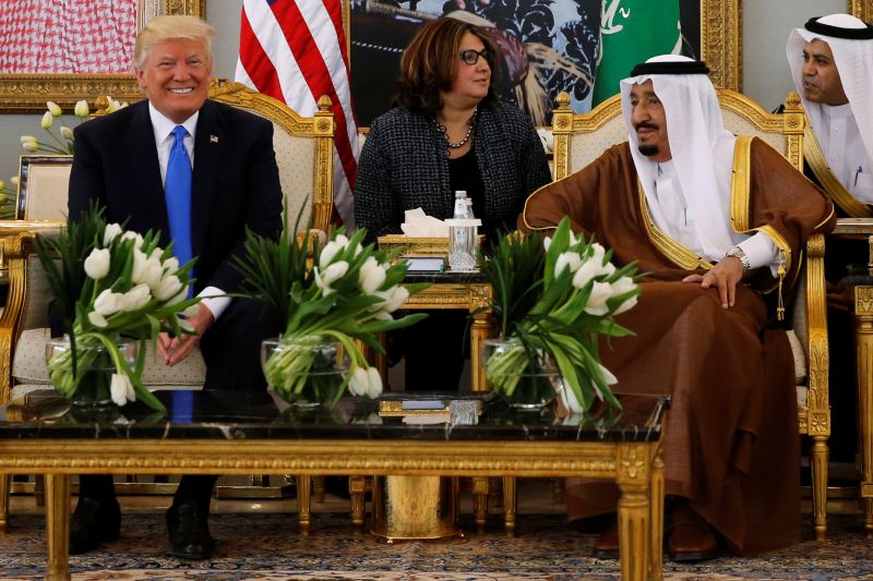 Saudi Arabiau00e2u20acu2122s King Salman bin Abdulaziz Al Saud (second right) welcomes US President Donald Trump (left) with a coffee ceremony in the Royal Terminal after he arrived aboard Air Force One at King Khalid International Airport in Riyadh, Saudi Arabia May