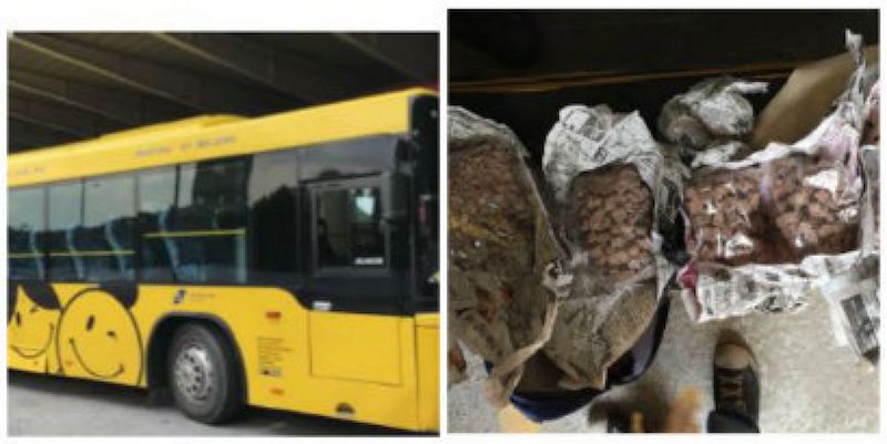 Bus used in the smuggling of drugs (left) and drugs seized at the Woodlands Checkpoint. u00e2u20acu201d TODAY pic