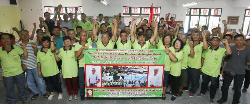 Perak farmers Leon Chin and Andy Chin (seventh and eighth left, behind banner) are brothers and will be contesting state seats in GE14 under PSM's ticket. ― Picture courtesy of PSM