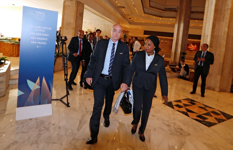 Fifa President Gianni Infantino left) and Secretary General Fatma Samoura arrive for the Fifa Uefa meeting in Manama, Bahrain May 09, 2017. u00e2u20acu201d Reuters pic