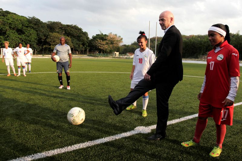 File picture shows Fifa President Gianni Infantino kicking a ball during a visit to La Polar stadium in Havana, Cuba, April 29, 2017. u00e2u20acu201d Reuters pic