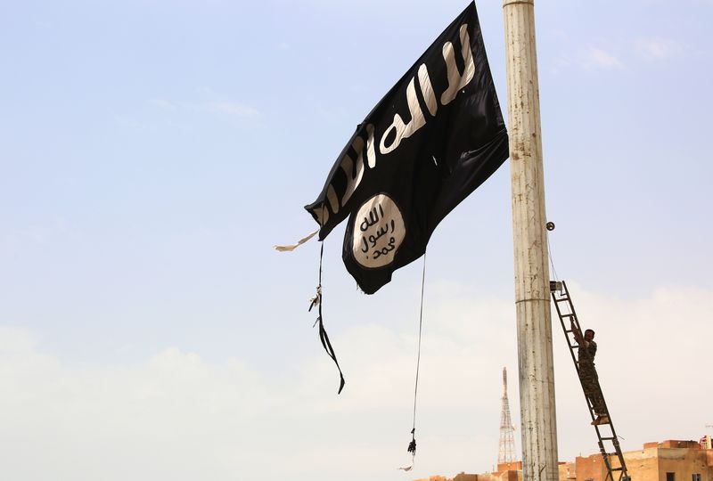 A member of the US-backed Syrian Democratic Forces (SDF), made up of an alliance of Arab and Kurdish fighters, removes an Islamic State group flag in the town of Tabqa, about 55 kilometres west of Raqa city, on April 30, 2017, as they advance in their bat