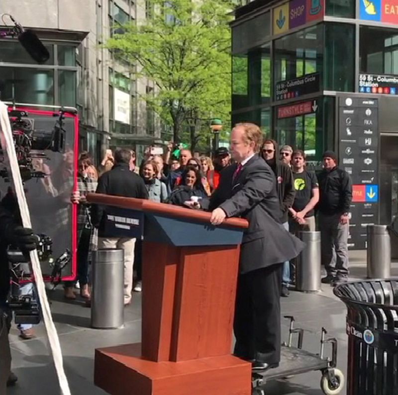 Melissa McCarthy stands on a mobile lectern as she is filmed portraying White House spokesman Sean Spicer for an upcoming episode of Saturday Night Live on the west side of midtown Manhattan May 12, 2017. u00e2u20acu2022 Reuters pic