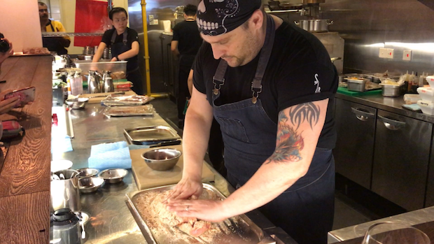 Nocente curing coppa, a shoulder joint, in a masterclass which TODAY was invited to. Coppa needs to be placed in a wine fridge with humidity and temperature control. — TODAY pic