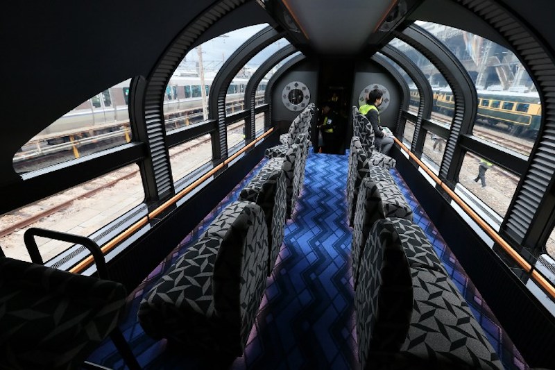 The vista-dome car of Japan's latest super-deluxe cruise train ‘Twilight Express Mizukaze’ is seen during its press preview in Osaka February 23, 2017. — AFP pic