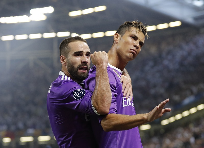 Real Madrid's Cristiano Ronaldo celebrates scoring their first goal with Daniel Carvajal during the Uefa Champions League Final at The National Stadium of Wales in Cardiff June 3, 2017. u00e2u20acu201d Reuters pic