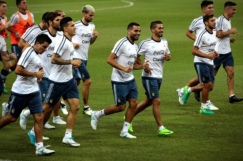 Argentina football players during a training session at the National Stadium on June 12. u00e2u20acu201d Photo by Jason Quah/ TODAY