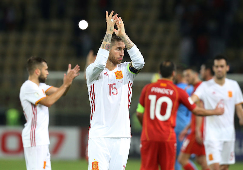Spainu00e2u20acu2122s Sergio Ramos applauds fans after the 2018 World Cup Qualifying European Zone Group G match against Macedonia in Skopje, June 11, 2017. u00e2u20acu201d Reuters pic
